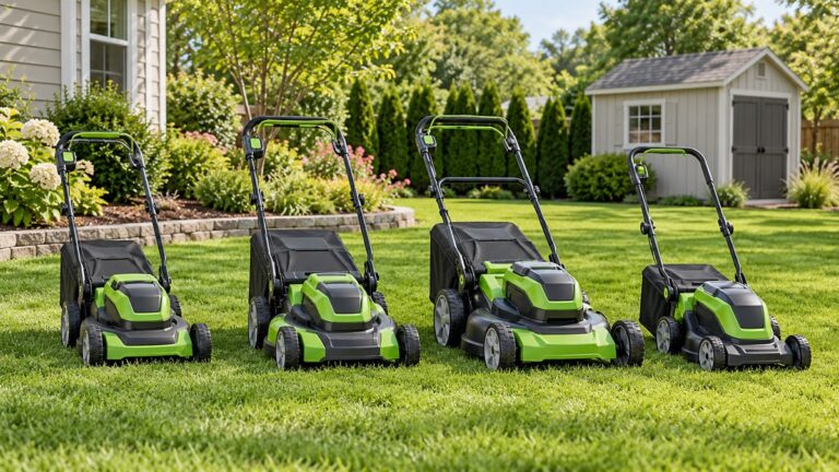 Four cordless electric lawn mowers are lined up beside a tidy residential yard.