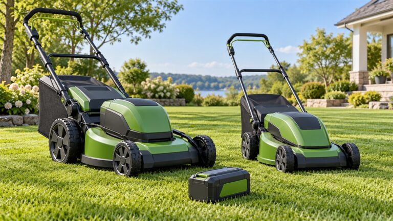 A green 60V self-propelled mower and a push model side by side on a cut lawn, with a battery pack in the foreground.