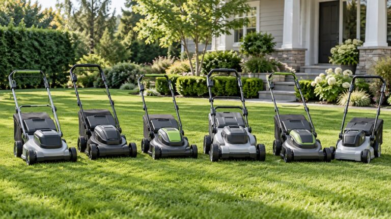 Six unbranded cordless electric lawn mowers lined up on a manicured residential lawn.
