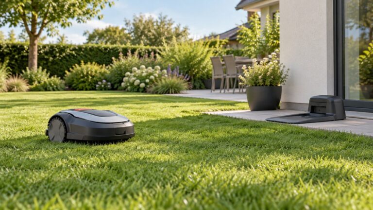 A small robotic mower cuts a suburban lawn near its charging base and patio.