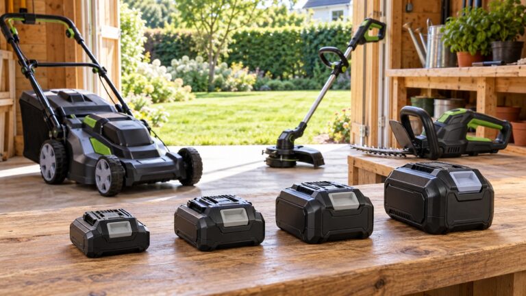 Cordless lawn tool battery packs in different sizes arranged inside a garden shed.