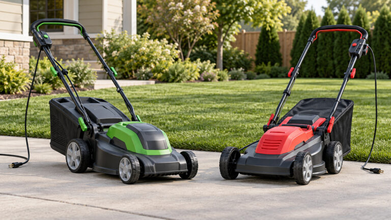 Two generic electric mulching mower configurations beside a tidy lawn.