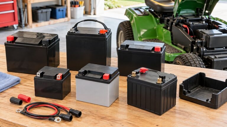 Six generic lawn mower batteries in varied sizes arranged on a garage workbench.