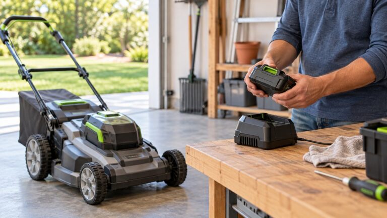 A person inspects a cordless mower battery and charger on a workbench beside the mower.
