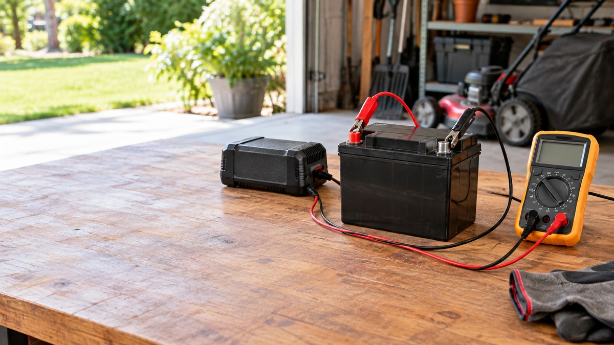 A mower battery, charger clips, and multimeter are arranged on a workbench for electrical testing.