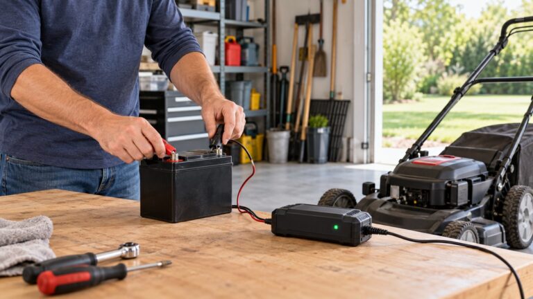 A homeowner checks a mower battery connected to a trickle charger in a garage.