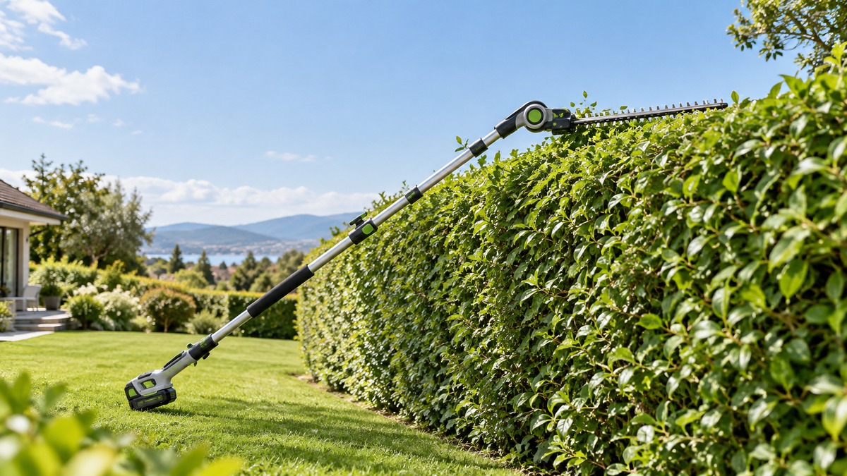 A cordless pole hedge trimmer with its extension pole fully extended, cutting the top of a tall green hedge on a sunny lawn.