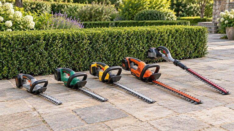 Five cordless hedge trimmers arranged beside a clipped hedge.