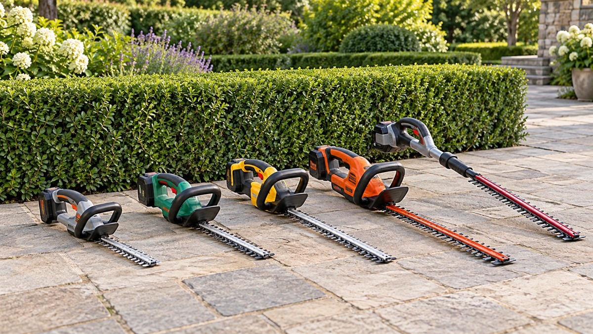 Five cordless hedge trimmers arranged beside a clipped hedge.