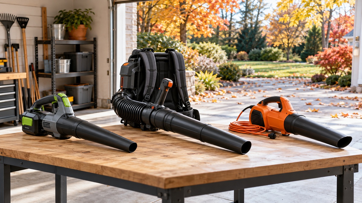 Cordless, backpack, and corded leaf blowers displayed in a bright residential garage.