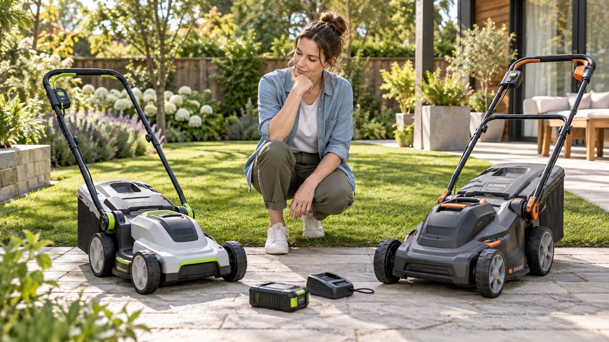 Homeowner comparing compact battery lawn mowers beside a lawn.