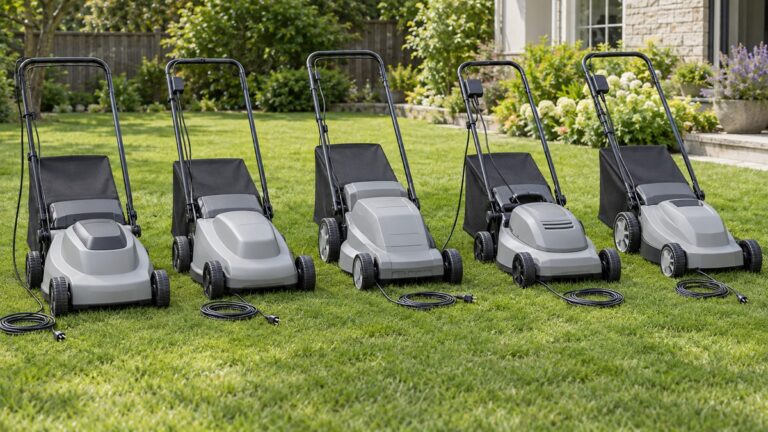 Five corded electric lawn mowers stand side by side on a sunny residential lawn.