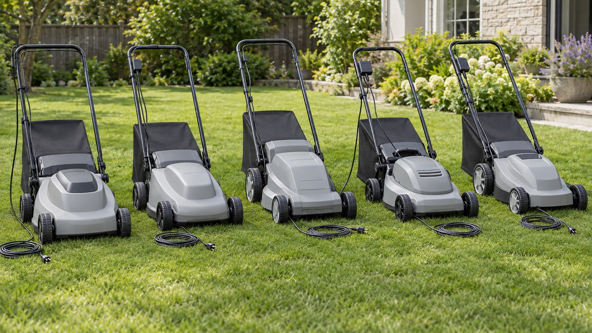 Five corded electric lawn mowers stand side by side on a sunny residential lawn.