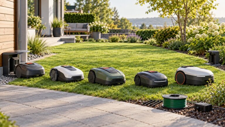 Several generic robotic lawn mowers lined up with charging and boundary accessories.