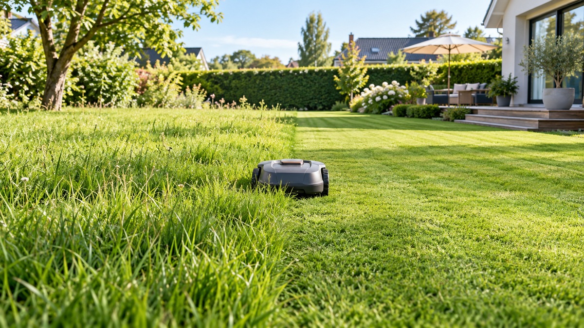 A robotic lawn mower positioned between overgrown and freshly cut sections of a sunny backyard.