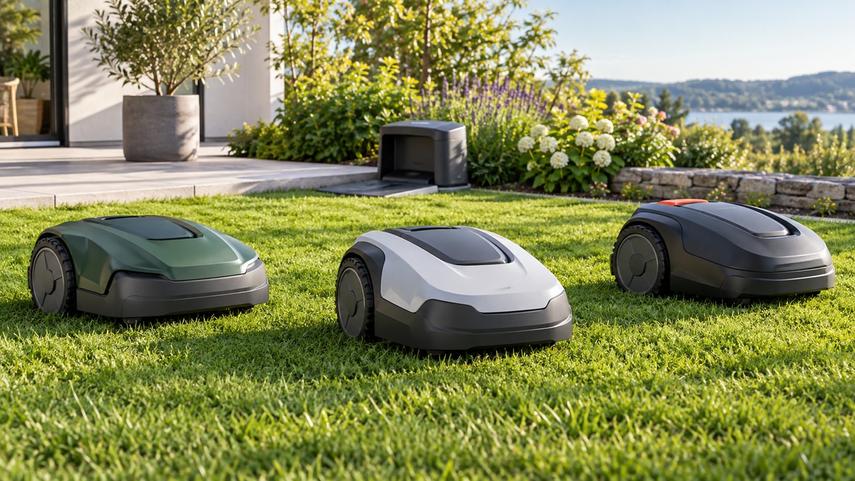 Compact robotic lawn mowers are arranged on a small sunny residential lawn.