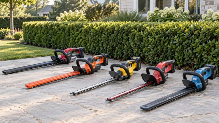 Several generic cordless hedge trimmers arranged beside a neatly clipped hedge.