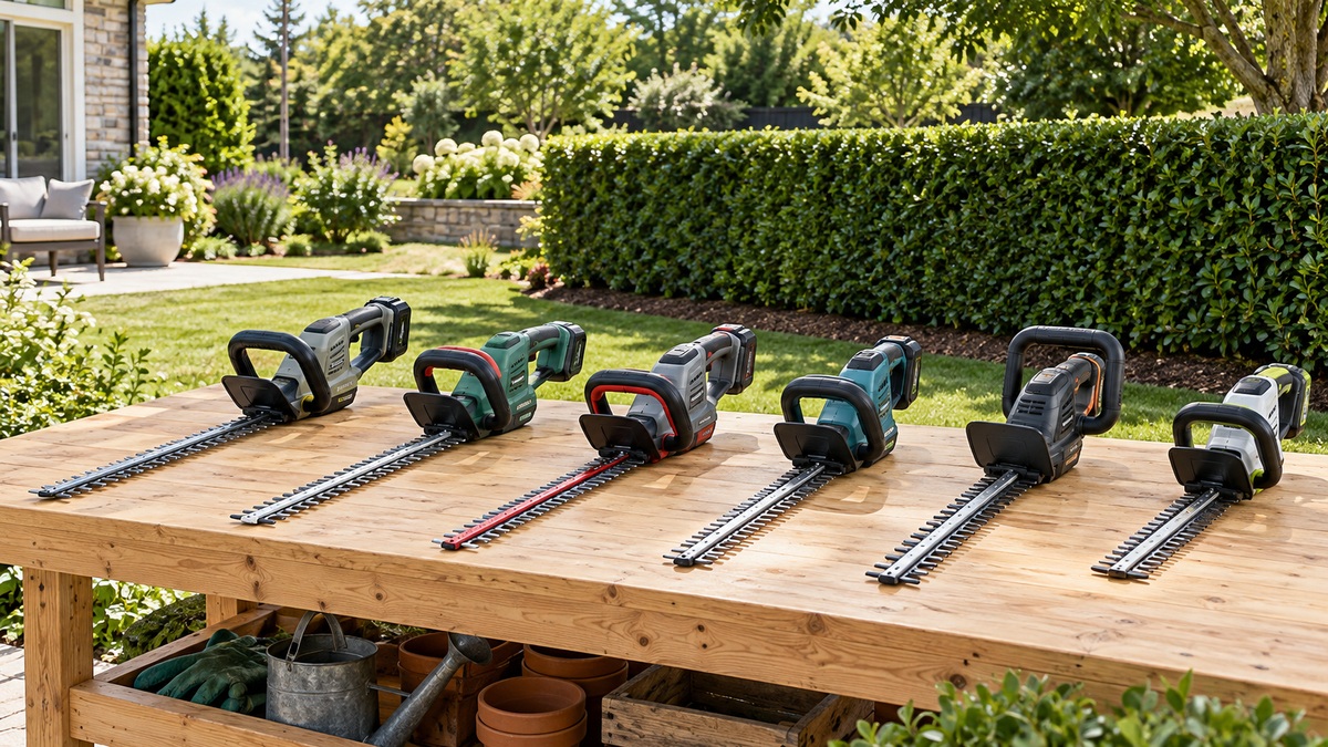 Six cordless hedge trimmers lined up on a workbench beside a neatly trimmed yard.