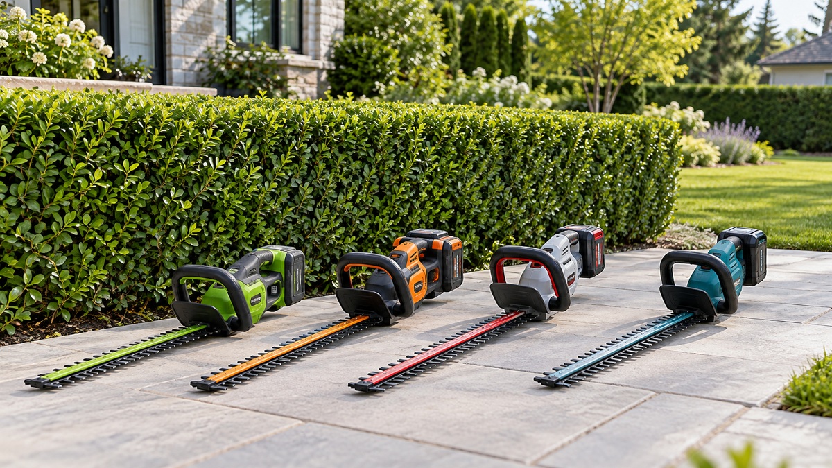 Cordless hedge trimmer configurations lined up beside a neatly clipped residential hedge.