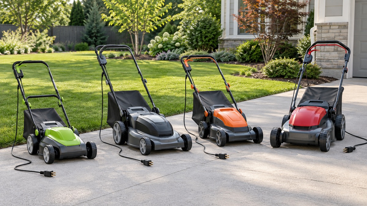 Four corded electric lawn mowers lined up beside a tidy residential lawn.