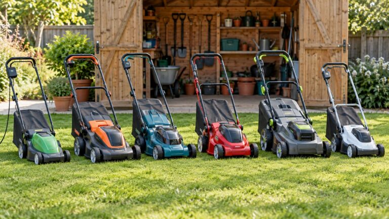 Six compact electric lawn mowers with collection bags arranged outside a garden shed.