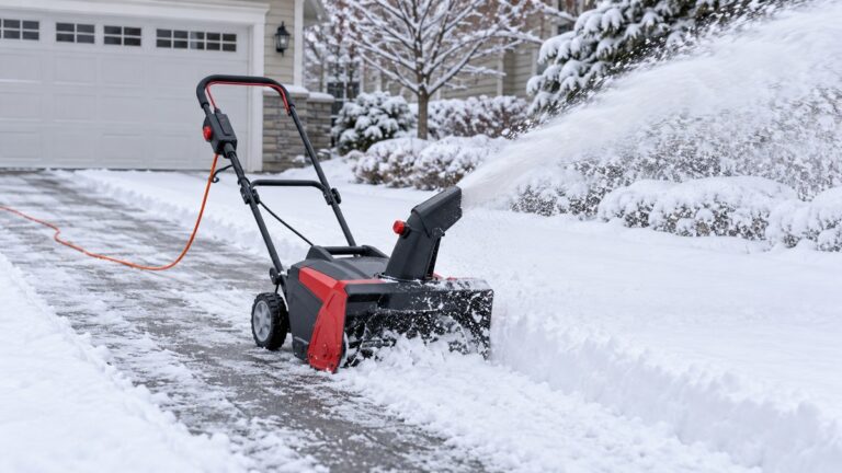 A corded electric snow blower clearing a wide driveway path after a light snowfall, with the cord visible behind it.