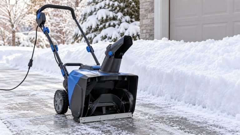 A corded electric snow thrower with a metal scraper bar along the bottom edge of its housing, resting on a driveway.