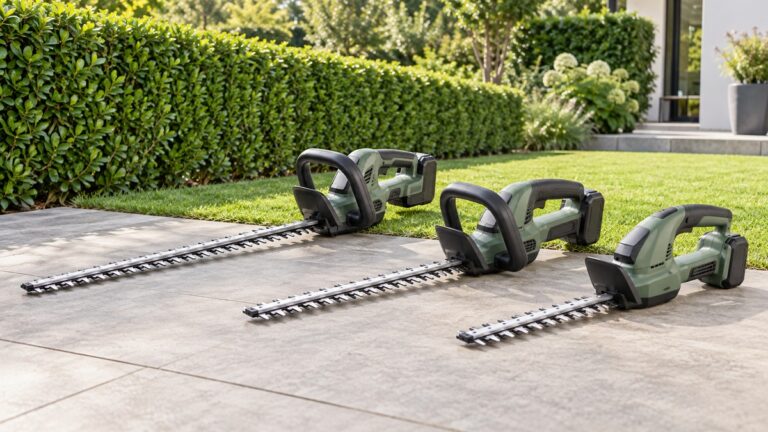 Three cordless hedge trimmer configurations are arranged beside a neatly maintained residential hedge.
