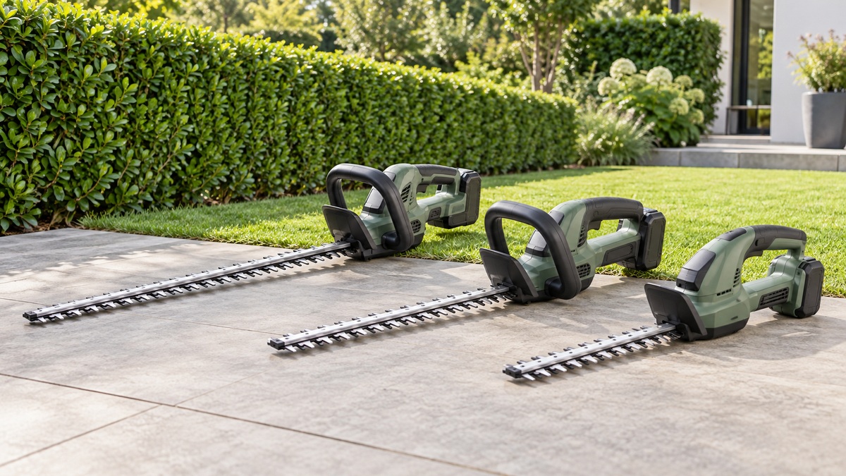 Three cordless hedge trimmer configurations are arranged beside a neatly maintained residential hedge.