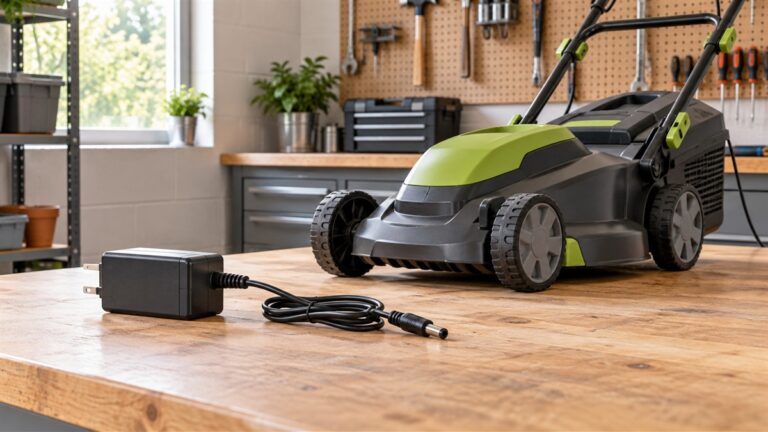A replacement charger with a round DC plug and a short cable, resting on a garage workbench beside a corded lawn mower.