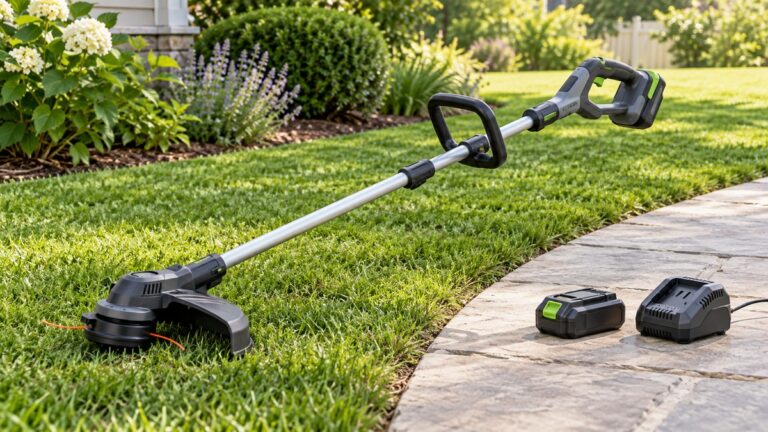 A cordless string trimmer resting on fresh-cut grass beside a battery and charger on a patio.
