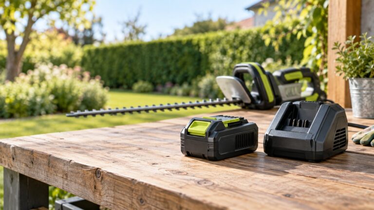 A hedge trimmer battery sits beside a compatible single-port charger on a workbench.