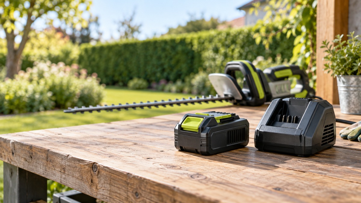 A hedge trimmer battery sits beside a compatible single-port charger on a workbench.