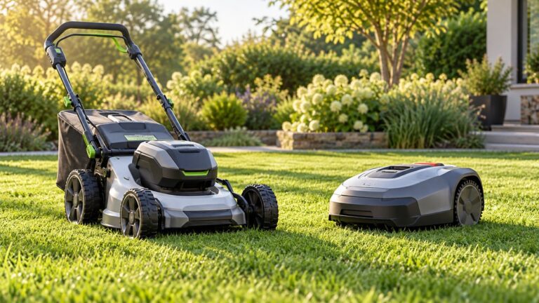 A cordless walk-behind mower and a robotic lawn mower side by side on a green lawn in soft morning light.