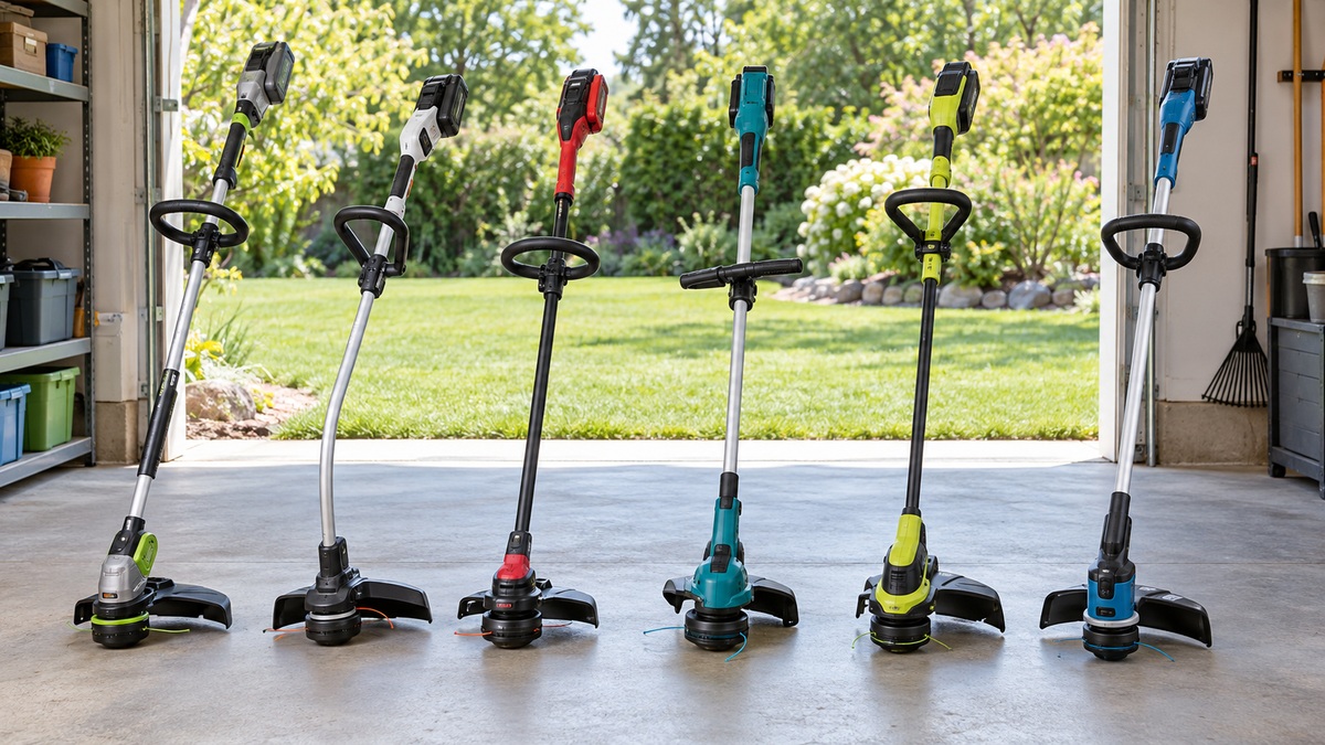 Six generic cordless string trimmers arranged for comparison beside a sunny lawn.