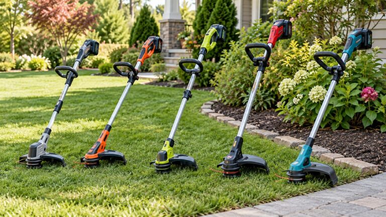 Compact cordless string trimmer configurations lined up beside a tidy lawn.