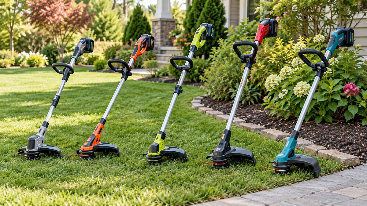 Compact cordless string trimmer configurations lined up beside a tidy lawn.