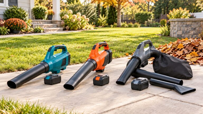 Cordless leaf blowers and a vacuum attachment arranged beside a tidy autumn yard.