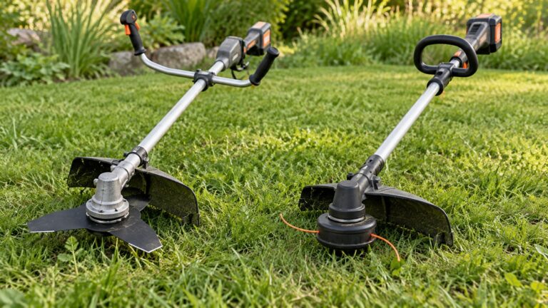 Brush cutter and string trimmer shown side by side