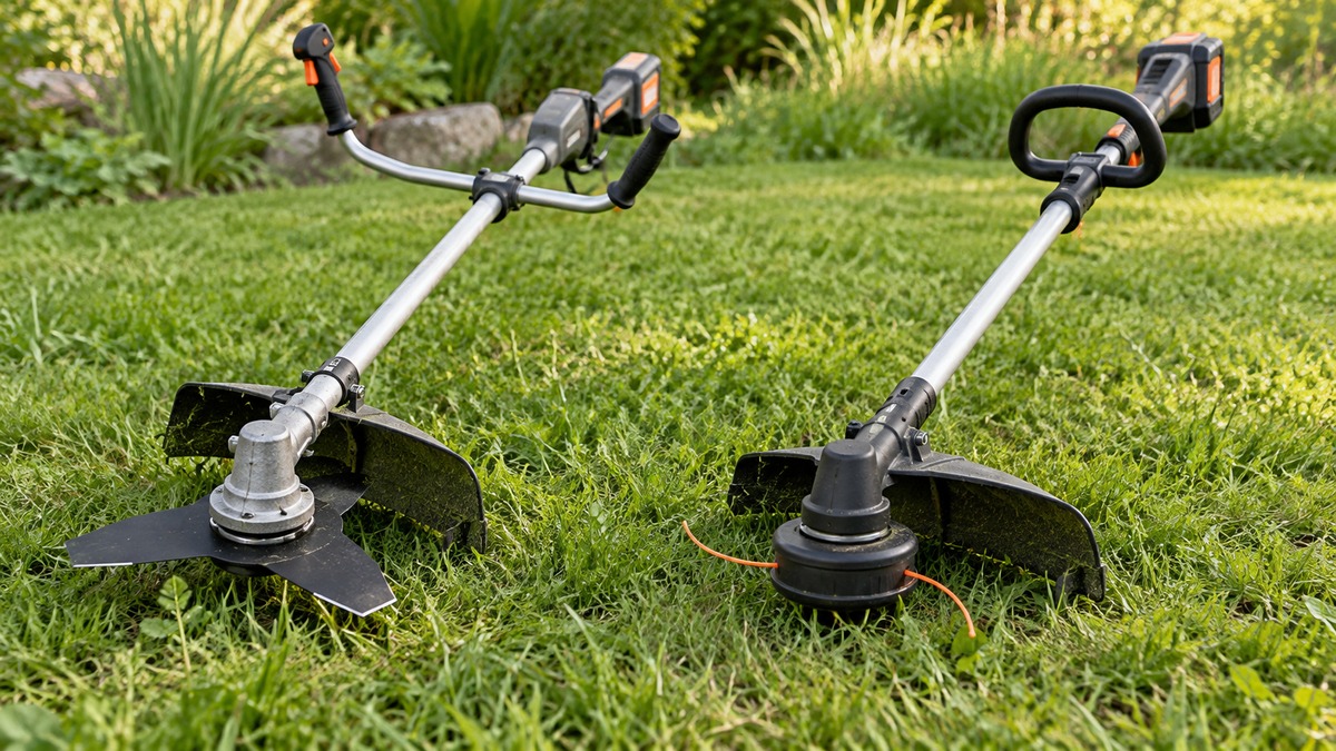 Brush cutter and string trimmer shown side by side