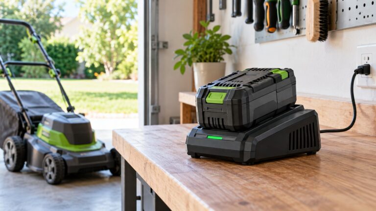 Lithium mower battery seated in a garage charger