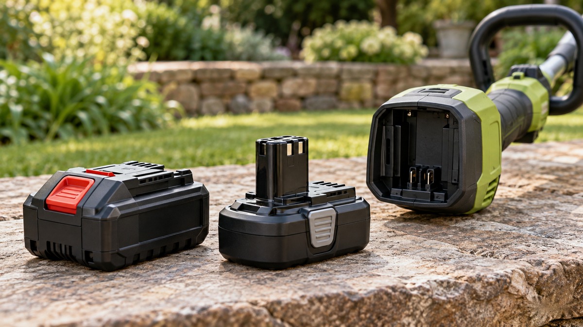 Different cordless yard tool battery shapes and connectors