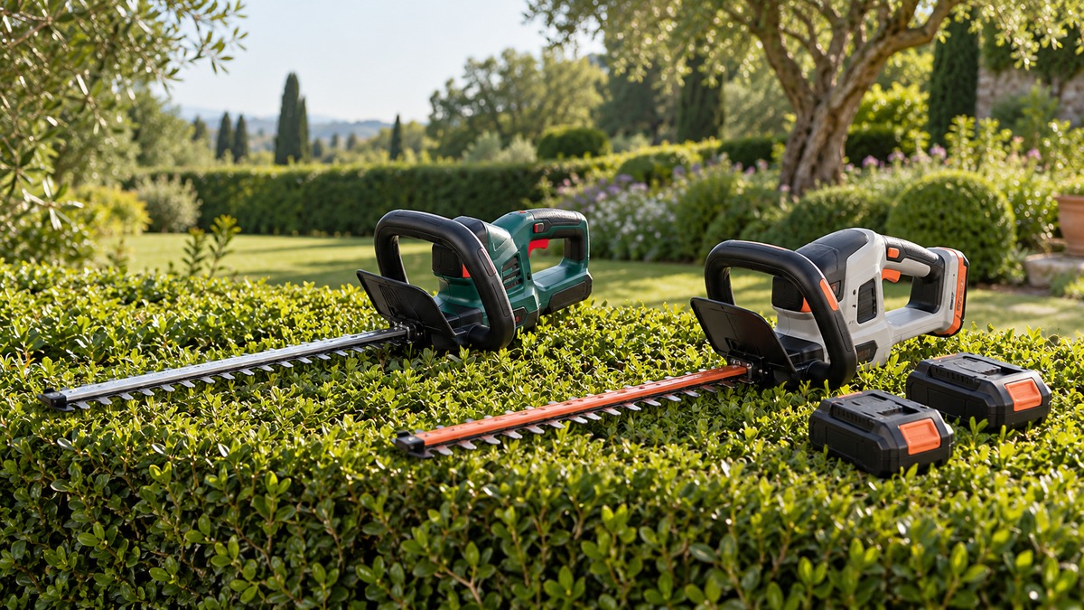A cordless hedge trimmer with a long blade resting on a clipped hedge in a garden, with a battery pack on the ground beside it.
