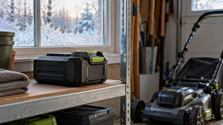 Lithium mower battery stored indoors during frosty weather