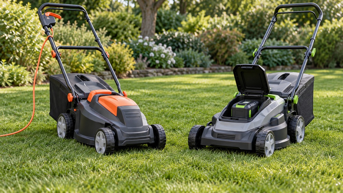 Corded and cordless electric lawn mowers on one lawn
