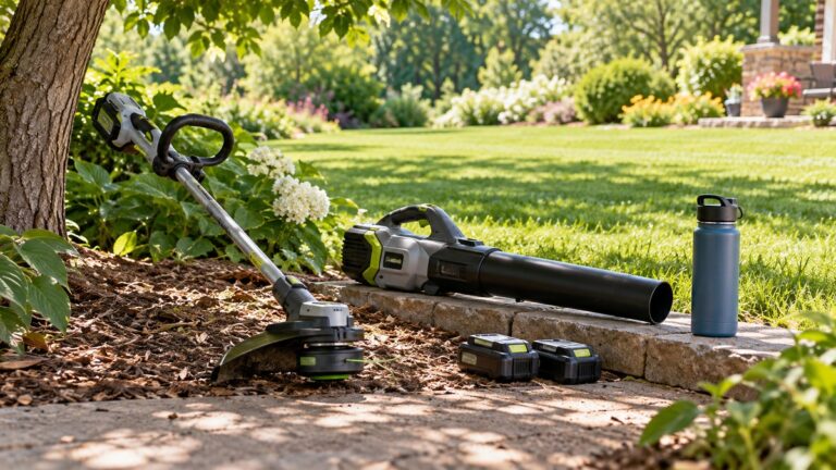 Cordless yard tools resting in shade during hot weather