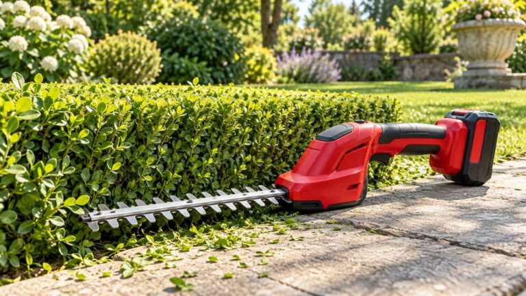 A red Craftsman cordless trimmer with its shear blade open beside a short hedge, a 20-volt battery pack seated on the handle.