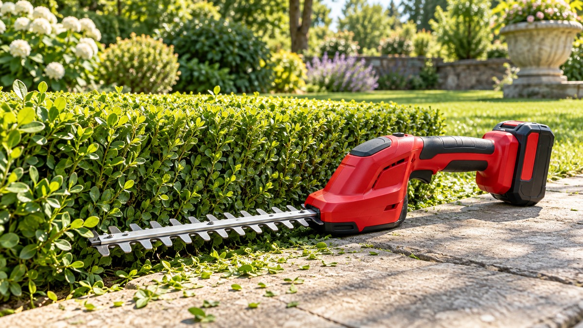 A red Craftsman cordless trimmer with its shear blade open beside a short hedge, a 20-volt battery pack seated on the handle.