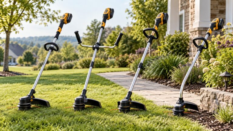 A lineup of cordless brushless string trimmers beside a tidy residential lawn.
