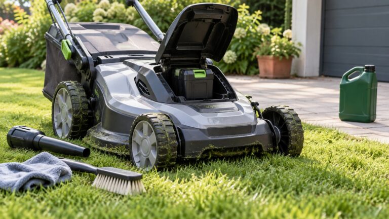 Battery electric mower prepared for basic maintenance